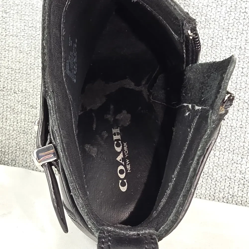 COACH HEWES BLACK LEATHER ANKLE BOOT SIDE ZIP WOOD HEEL WOMEN'S SIZE 5B A6841